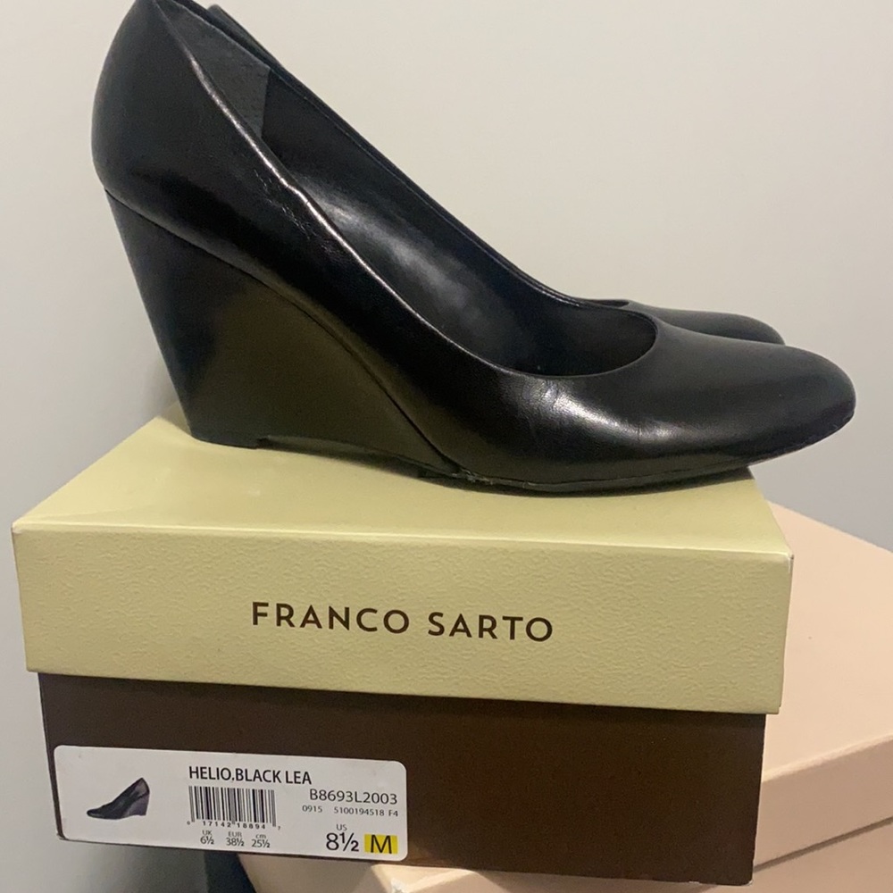 Franco Sarto Black Leather Wedge Pump Size 8.5